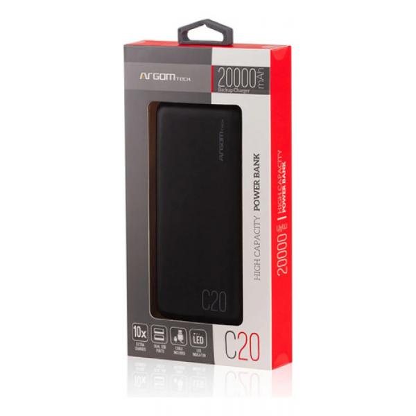 BANCO DE PODER ARGOM C20 20000mAH ARG-PB-1145BK A00596 BLACK DC INP. 5V-2A OUT 5V-2A CAB.INC