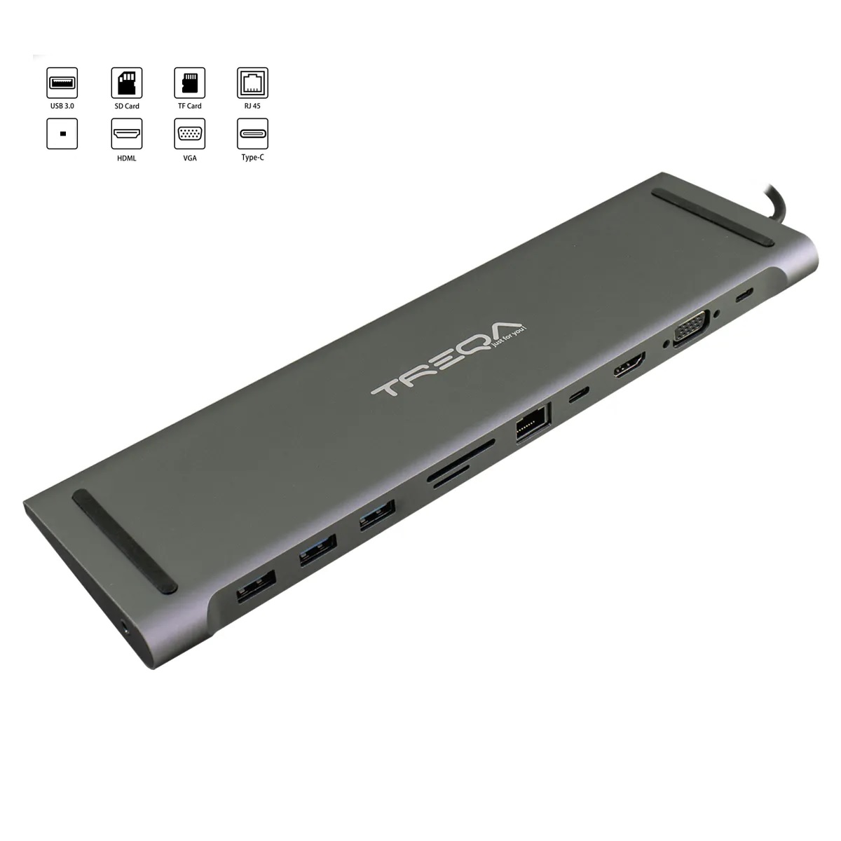 ESTACION MULTIPUERTOS TREQA 12 EN 1 DOCKING USB, RJ45, HDMI, USB-TIPOC, VGA
