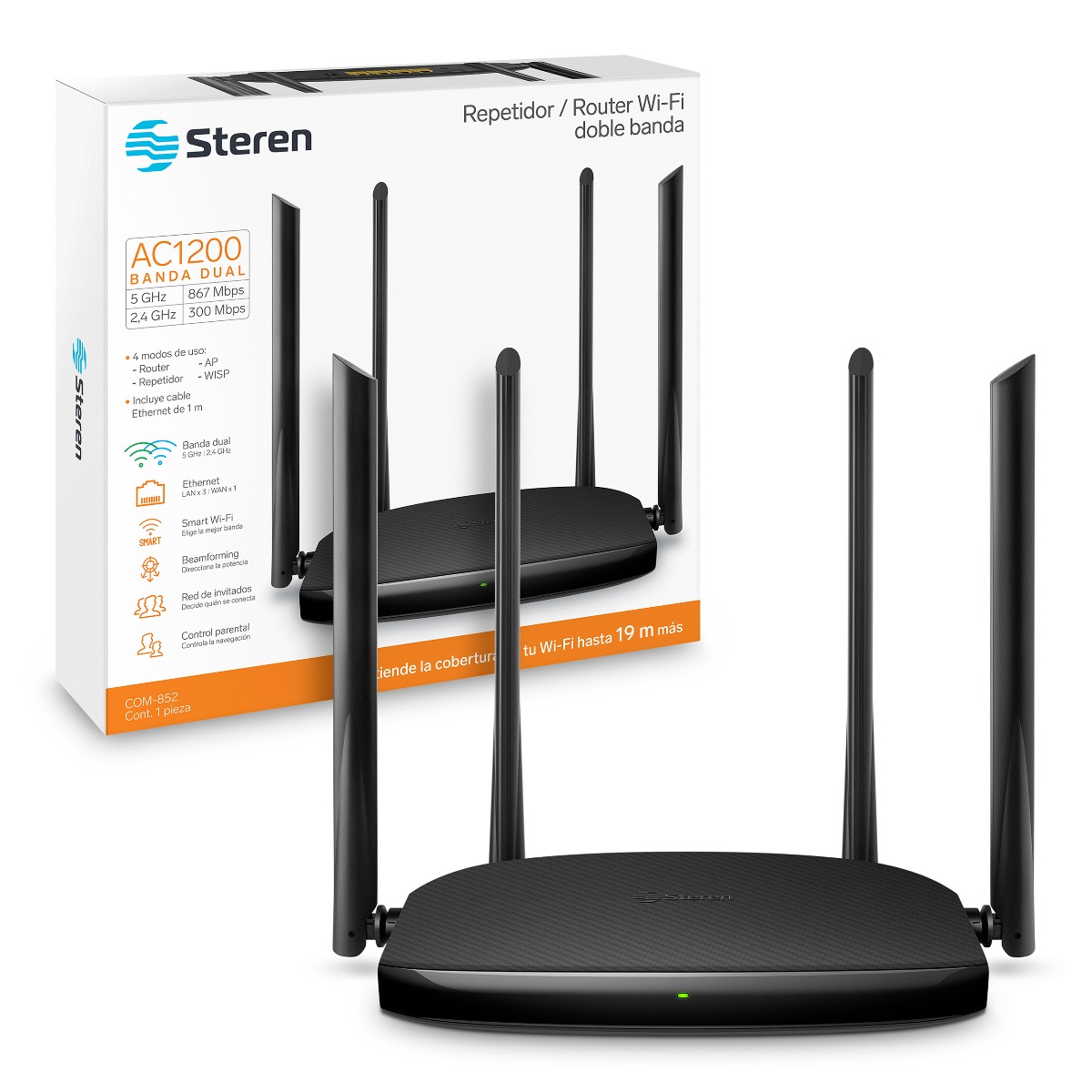 REPETIDOR STEREN COM-852 AC1200 DUAL BAND 4 MODOS 4 ANTENAS