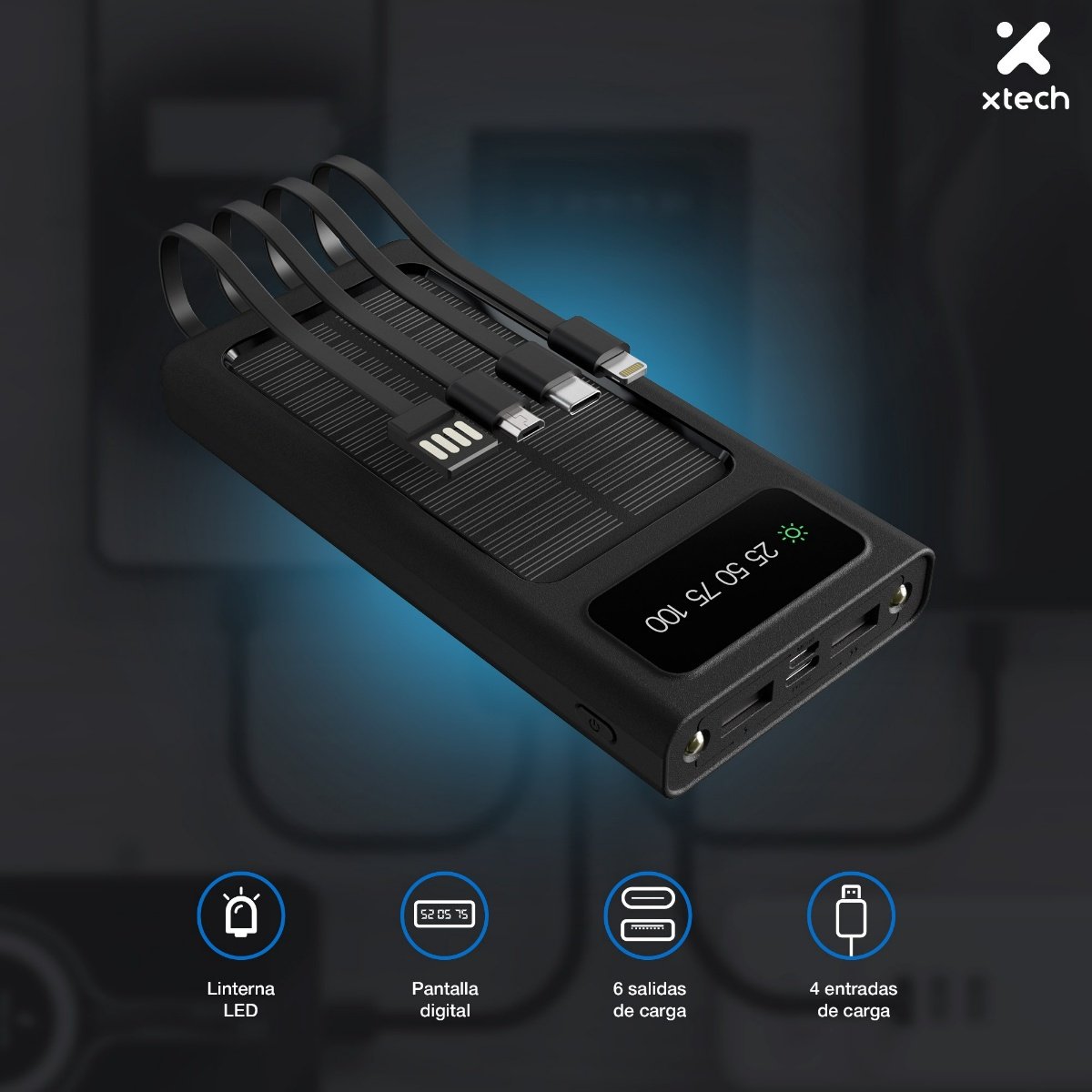 BANCO DE PODER XTECH XPB-100 BUILTIN CHARGING CABLES 10000mAH