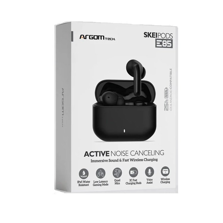 HEADPHONES ARGOM E85 TRUE WIRELESS ARG-HS-5085BK A00630 CON CANCELACION ACTIVA DE RUIDO BLACK